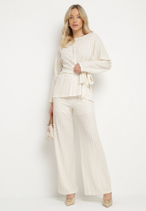 Beżowy Komplet Szerokie Spodnie i Bluzka z Ozdobnym Wiązaniem Cilinne