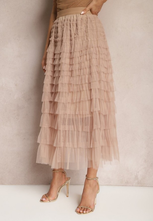 Ciemnobeżowa Tiulowa Spódnica Maxi z Gumką w Pasie i Falbankami Mahlia