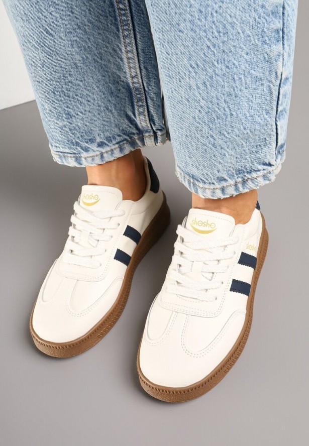 Beżowo-Granatowe Sneakersy Sportowe z Ozdobnymi Paskami i Przeszyciami Wenilan