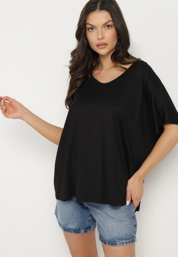 Czarny T-shirt z Wiskozą o Kroju Nietoperza Liosma