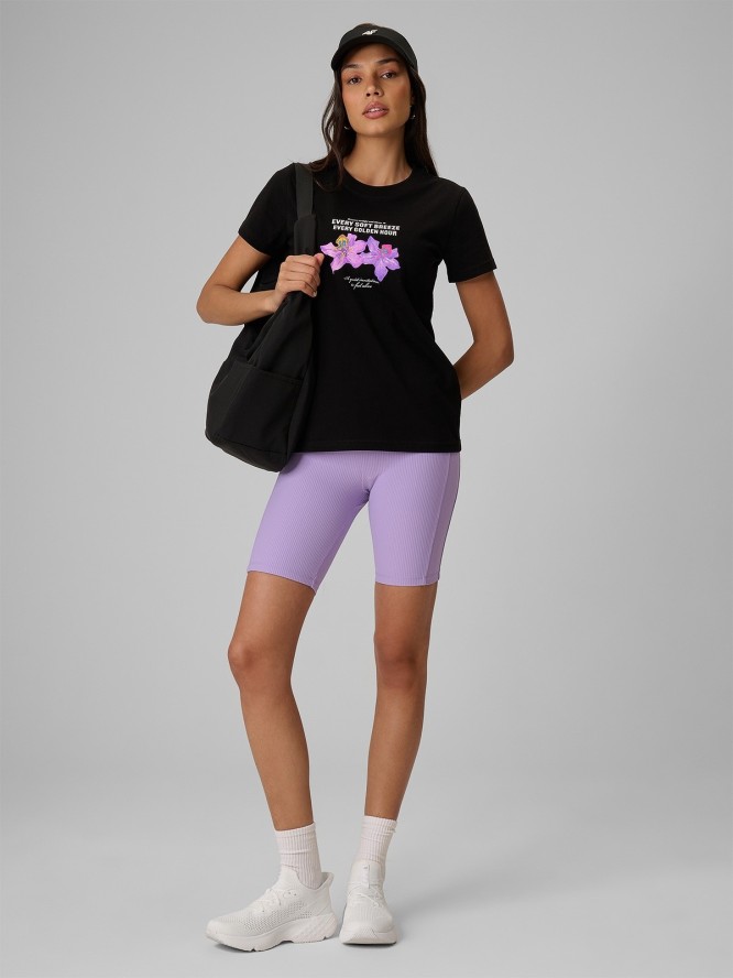 4F T-shirt regular z nadrukiem damski - czarny XS