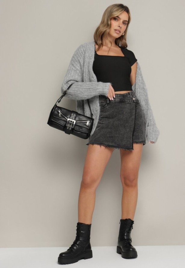 Czarne Jeansowe Spódnico-Spodenki Jeansowe z Bawełny z Wysokim Stanem Neliatha