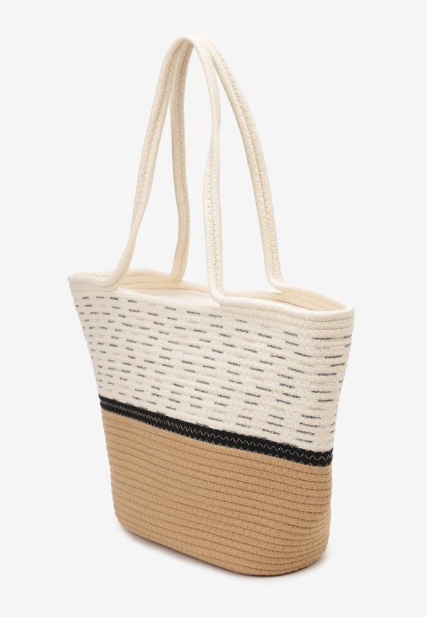 Beżowa Bawełniana Torebka z Plecionym Zdobieniem o Dużym Fasonie Meruma