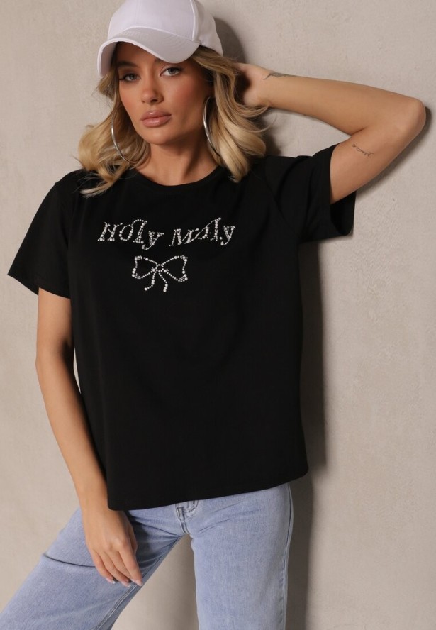 Czarna Bluzka z Bawełny Ozdobiona Kokardą i Napisem Nelanal