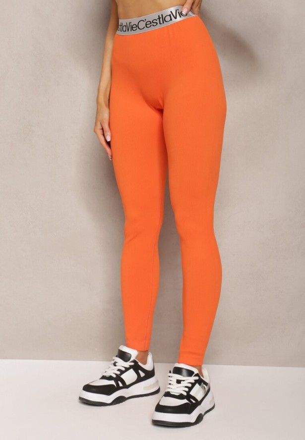Pomarańczowe Sportowe Legginsy Elastyczne z Ozdobną Szeroką Gumą w Pasie Larnode