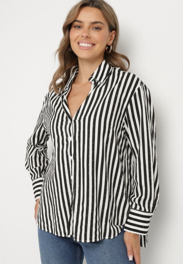 Czarna Bawełniana Koszula w Pionowe Paski Zdobiona Cyrkoniami Isorina