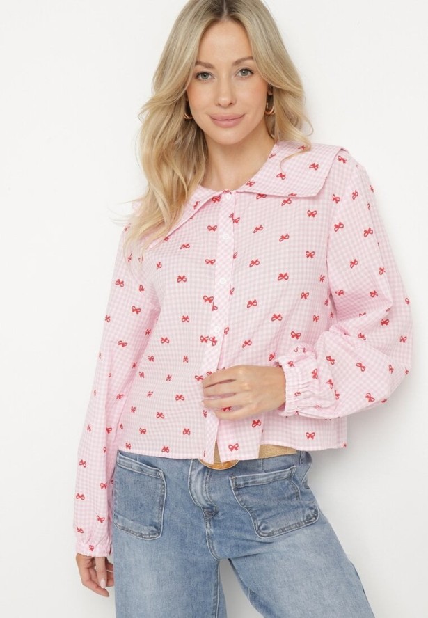 Różowa Koszula z Szerokim Kołnierzykiem z Bawełny i Wiskoz w Kratkę Lavzemis