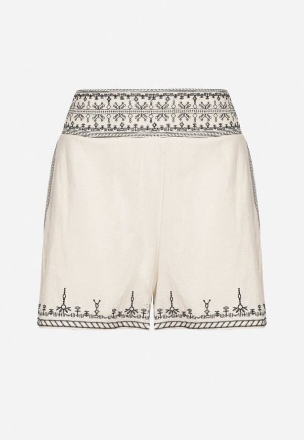 Czarno-Kremowe Bawełniane Szorty z Wysokim Stanem Zdobione Haftem Korioria