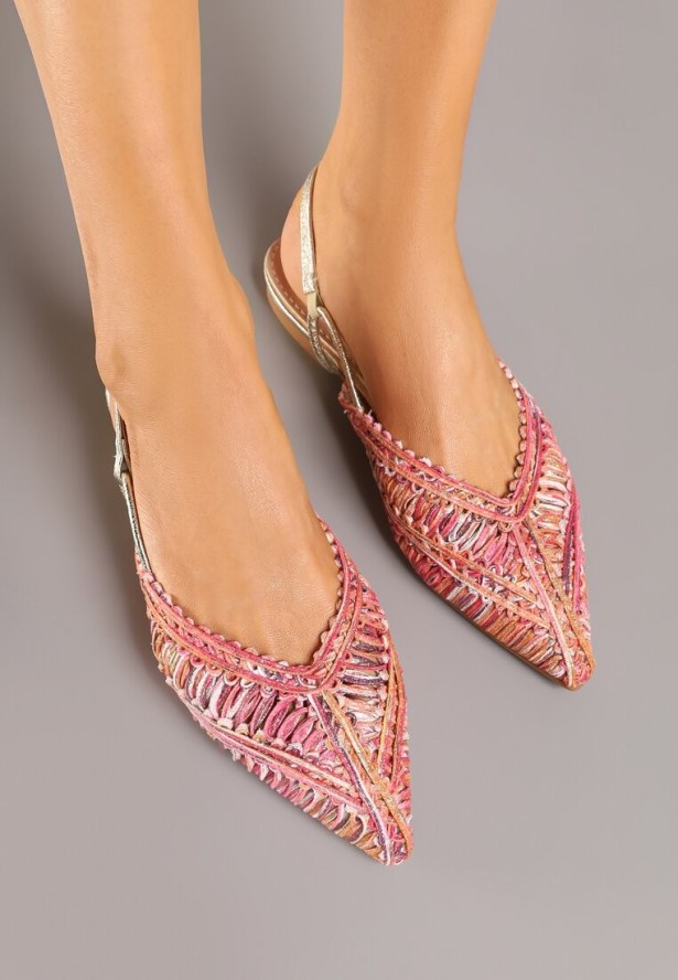 Różowo-Pomarańczowe Sandały Typu Slingback z Metaliczną Nicią i Plecioną Cholewką Nilavalia