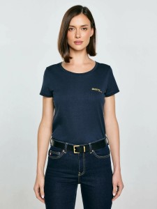 Koszulka damska z brokatowym nadrukiem granatowa Merra 403
