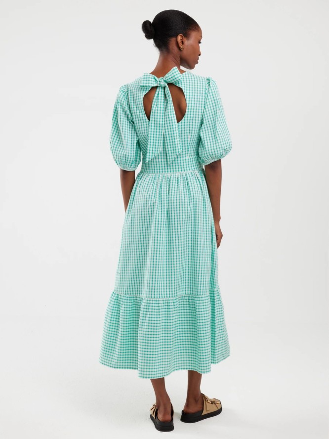Sukienka damska midi w drobną kratkę z wiązaniem na plecach turkusowa Tiko 302
