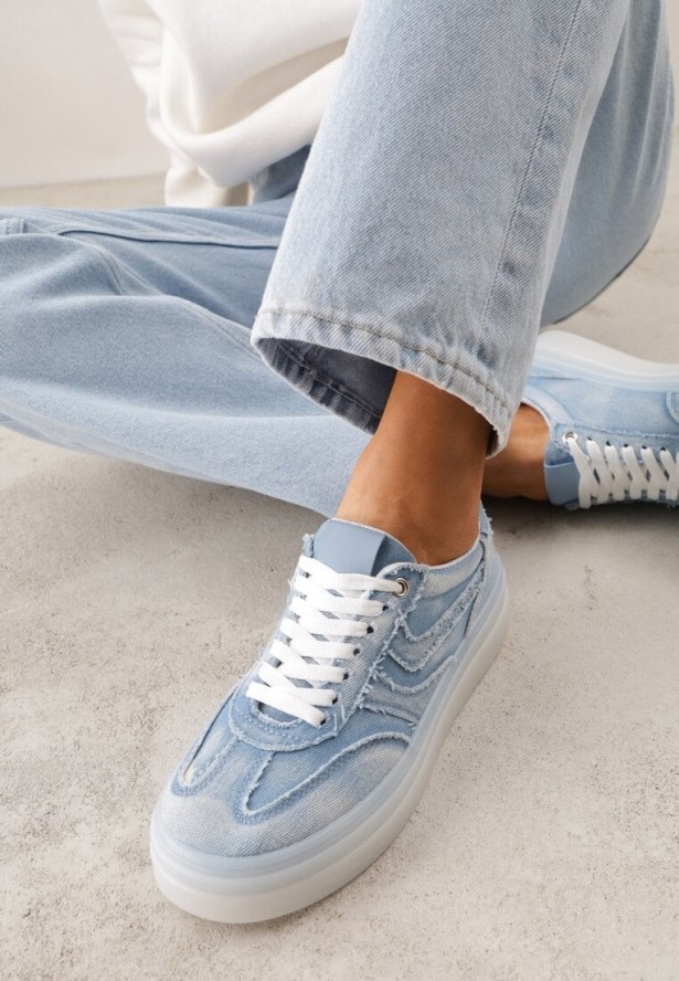 Niebieskie Sneakersy na Platformie z Denimu Nanore