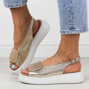 Złote S skórzane Polskie sandały damskie na platformie Deoni D107a