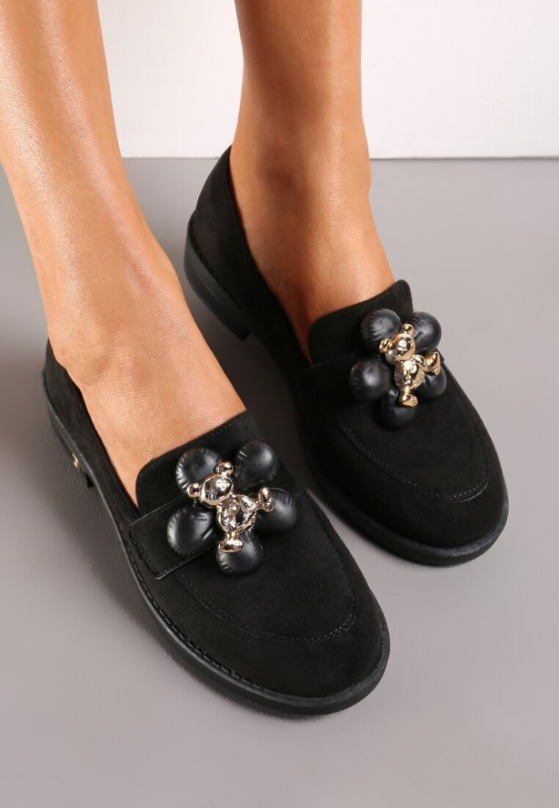 Czarne Mokasyny z Naszywką w Kształcie Misia Elbanetta