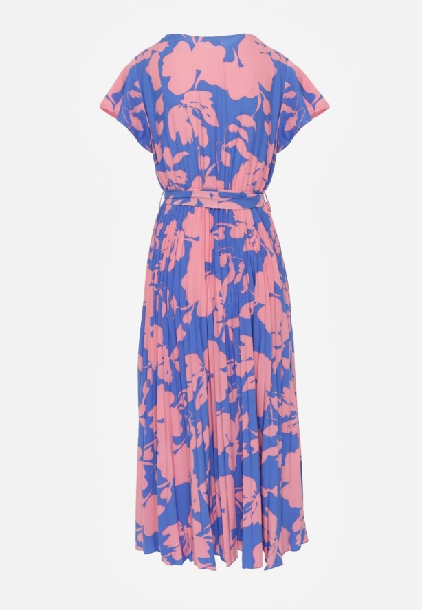 Niebiesko-Różowa Kopertowa Plisowana Sukienka Koktajlowa z Gumką i Paskiem w Talii Benelsea