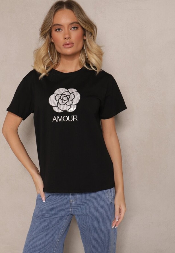 Czarna Bawełniana Bluzka Ozdobiona Napisem i Haftem Nalanith