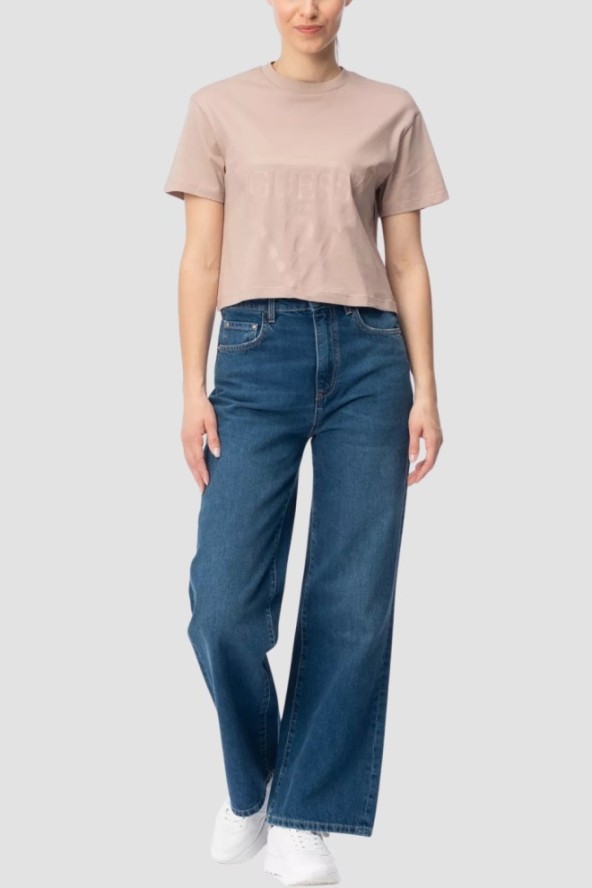 GUESS Różowy bawełniany t-shirt damski Adele Crop, Rozmiar XL