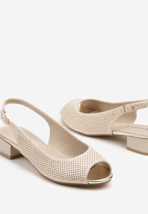 Beżowe Ażurowe Sandały na Niskim Słupku ze Skórzaną Wkładką Eleandea