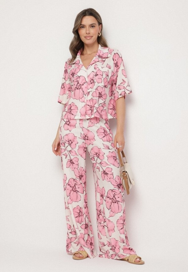 Różowy Komplet w Kwiatowy Wzór Koszula z Krótkim Rękawem i Spodnie Revailise
