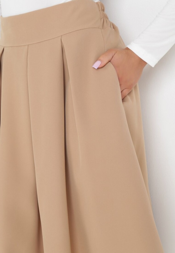 Beżowa Rozkloszowana Spódnica Midi z Gumką w Pasie Glorina