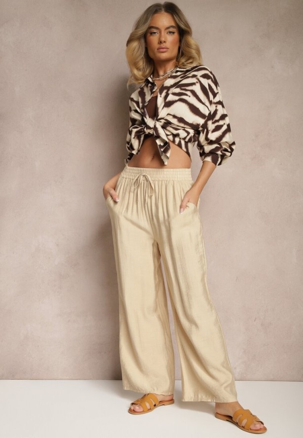 Beżowe Spodnie Typu Palazzo o Szerokim Kroju High Waist Ozdobione Wiązaniem Yaslevia