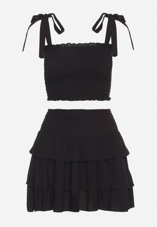 Czarny Bawełniany Komplet Top z Kokardami i Spódnica z Falbanami Saralva