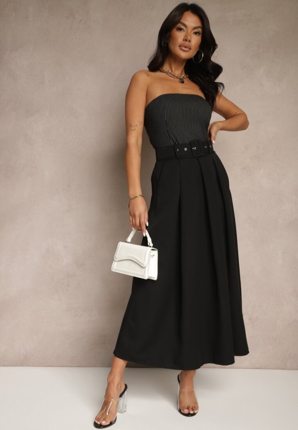 Czarna Spódnica z Wiskozą o Rozkloszowanym Kroju z Paskiem i Gumką w Talii Prianna