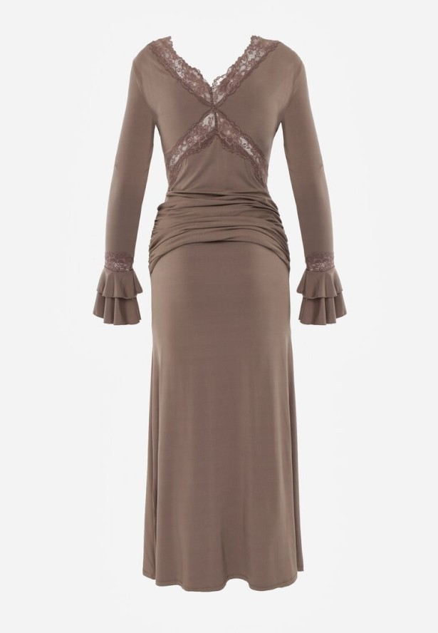 Brązowa Wiskozowa Sukienka Wieczorowa z Falbanami Koronką i Wiązanym Trenem Lenivna