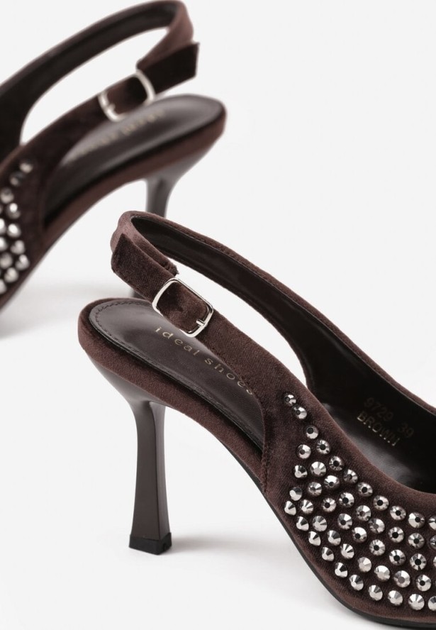 Brązowe Szpilki Bez Pięty z Cyrkoniami Elorenne