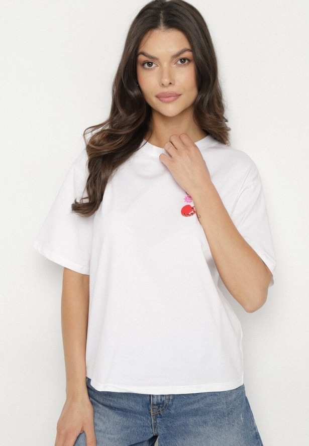 Biały T-shirt z Bawełną Cyrkoniami i Motywem Wiśni Linmira