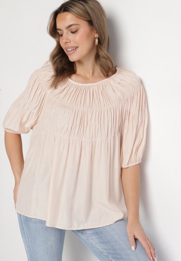 Jasnoróżowa Bluzka z Ozdobnymi Marszczeniami i Rękawami w Gumkę z Wiskozą Wenessa