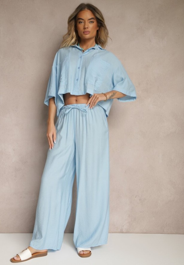 Niebieski Komplet z Wiskozy o Kroju Oversize Koszula i Spodnie Dovaraella
