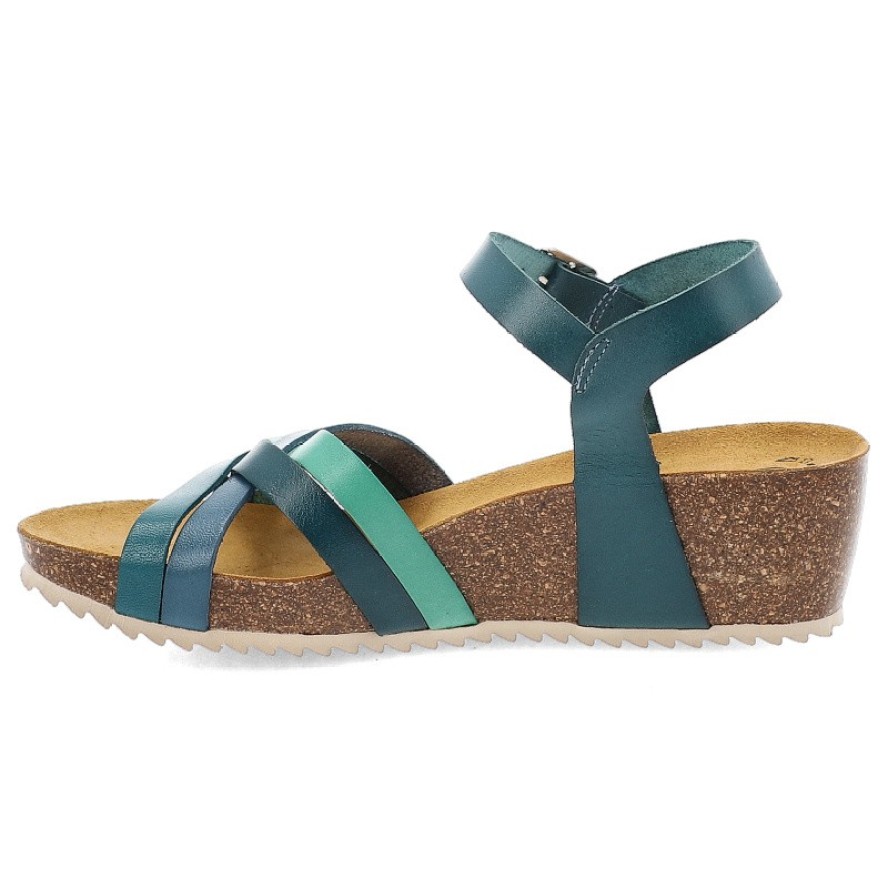 Sandały damskie HEE, na koturnie skórzane licowe na sprzączkę, niebieskie, 25001