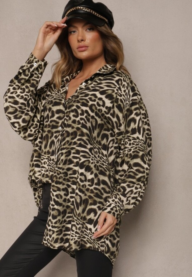 Ciemnobeżowa Koszula Oversize z Wiskozy z Lnem Sanalinae