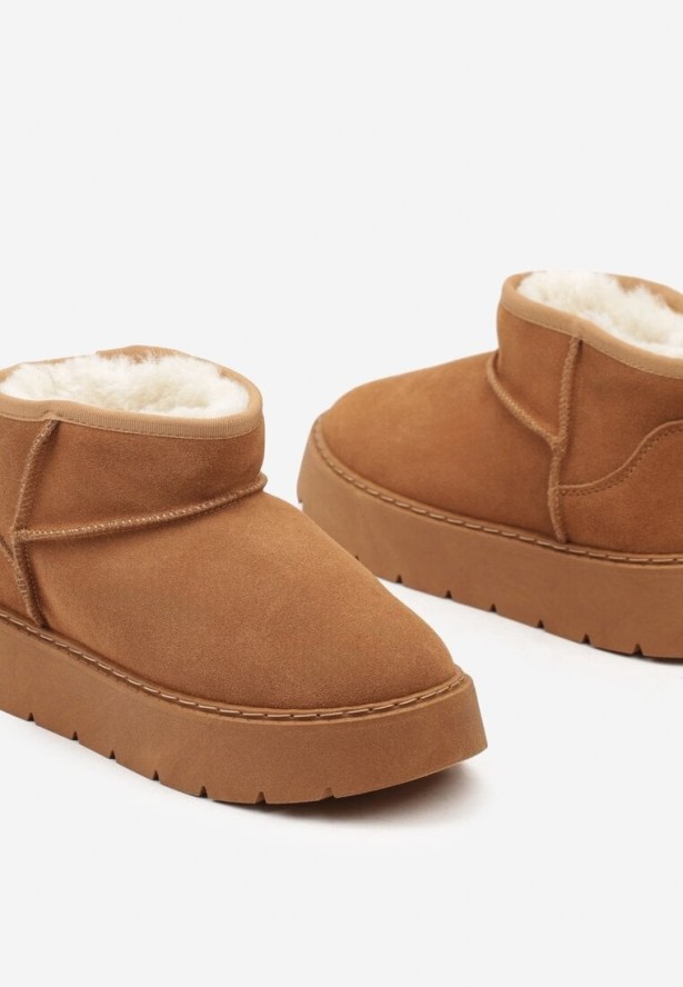 Brązowe Krótkie Śniegowce ze Skóry Naturalnej Ocieplane Futerkiem Riasirae