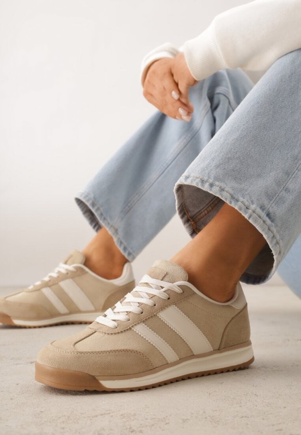 Beżowe Sneakersy Ozdobione z Boku Paskami Ariene