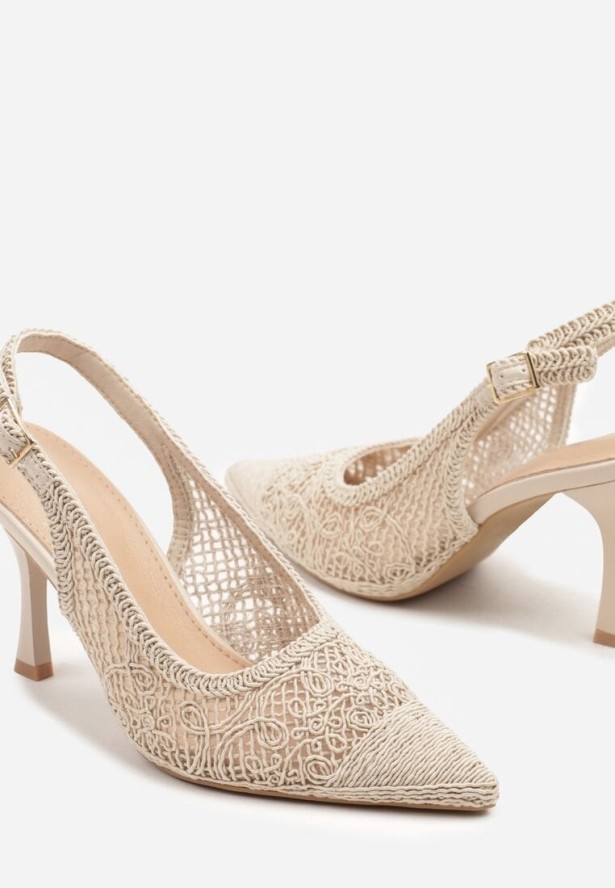 Beżowe Sandały na Szpilce Bez Pięty z Siateczkową Cholewką Araliaen