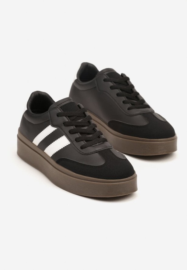 Czarne Sneakersy na Kauczukowej Podeszwie Ozdobione Paskami Nilimea