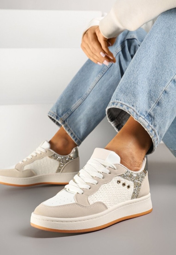 Beżowe Sneakersy z Ozdobnymi Przeszyciami w Streetwearowym Stylu Neoniela
