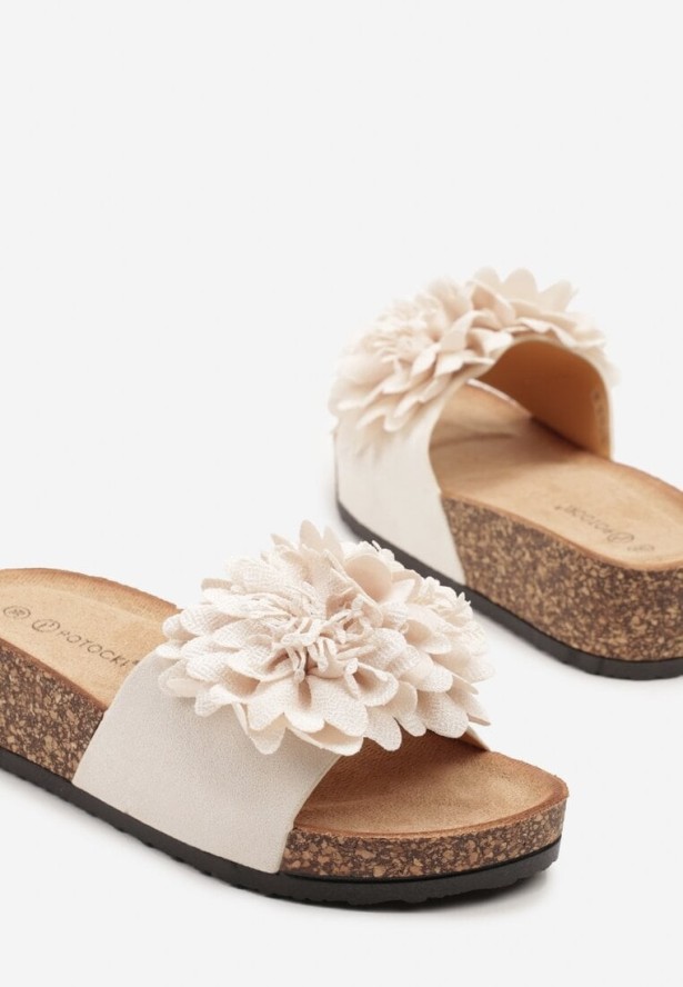 Beżowe Klapki na Koturnie i Platformie z Kwiatem 3D Odienne