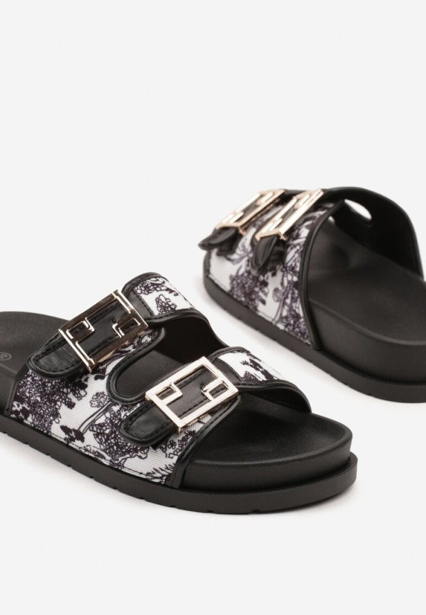 Czarno-Białe Casualowe Klapki z Paskami z Klamrami Redunise