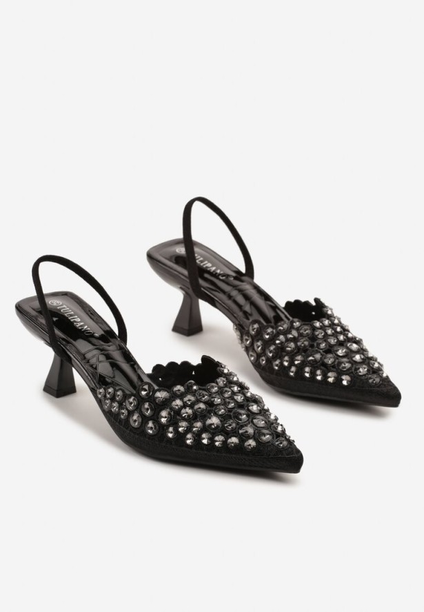 Czarne Sandały z Kryształkami na Obcasie Kaczuszka Lenavia