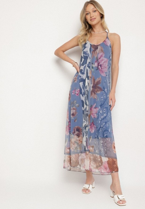 Niebieska Siateczkowa Sukienka z Wiskozą w Kwiatowy Wzór Izaleira