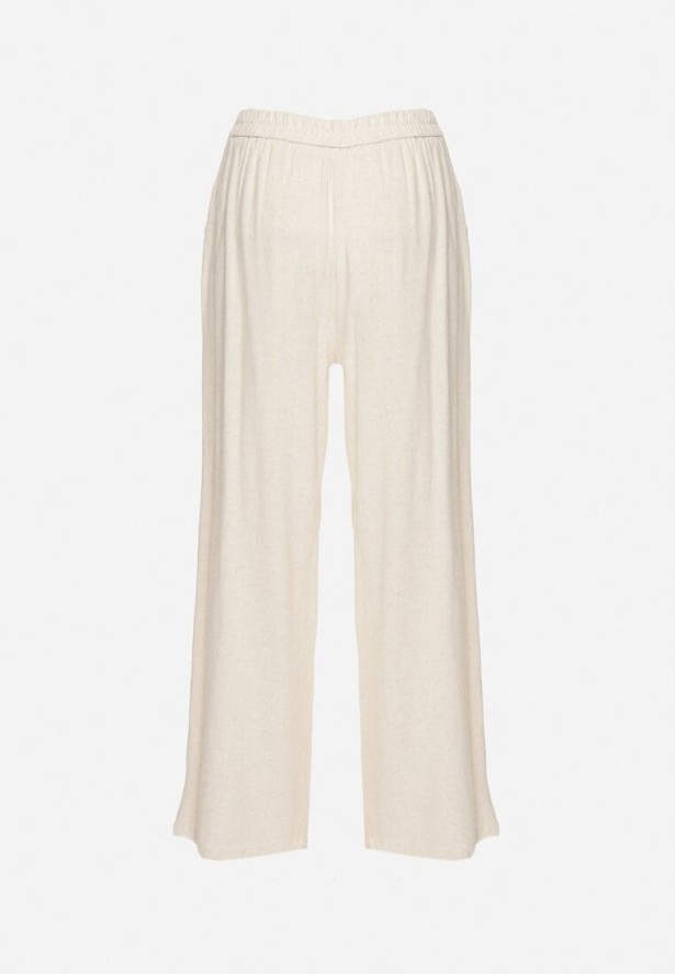 Beżowe Szerokie Spodnie z Lnem Wiskozą i Wysokim Stanem Ozdobione Haftem Borilna