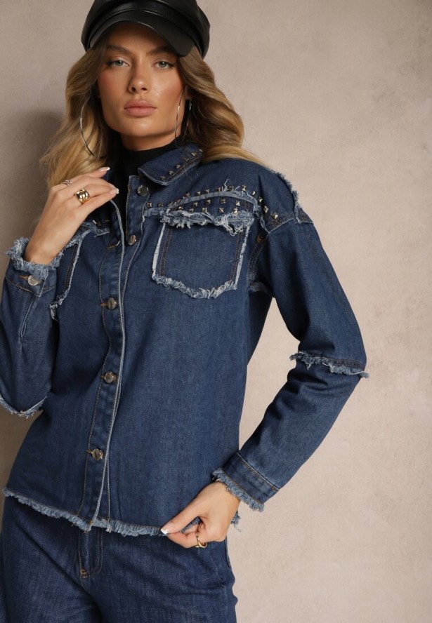 Granatowa Jeansowa Kurtka z Bawełny z Rozprutymi Elementami i Ćwiekami Trudilla