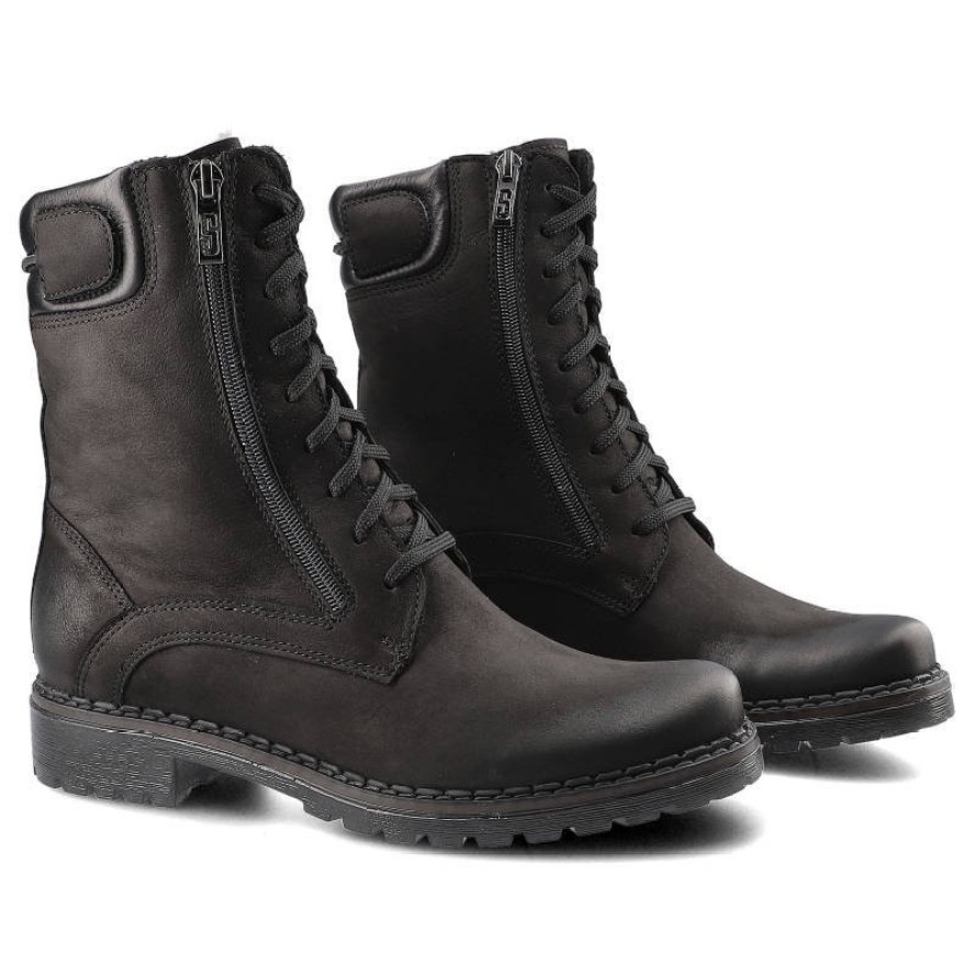 Botki damskie Simen, na płaskim obcasie z ozdobnym suwakiem z boku cholewki, czarne, 08237-S04