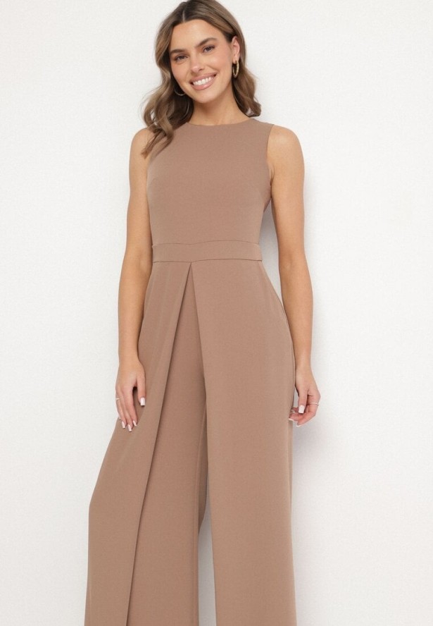 Ciemnobeżowy Kombinezon Bez Rękawów z Szerokimi Nogawkami i Kieszeniami Veleldia