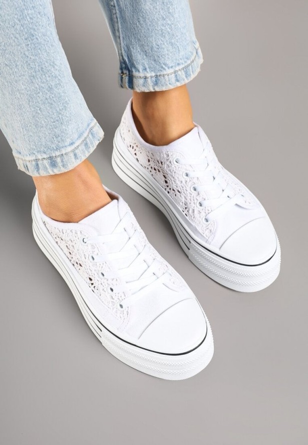 Białe Trampki na Grubej Podeszwie z Ażurową Cholewką Felariona