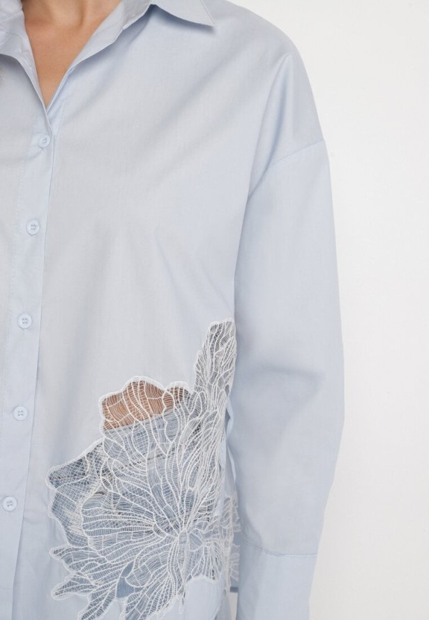 Niebieska Bawełniana Koszula z Ażurowym Wzorem i Regulowanymi Rękawami Naloritha