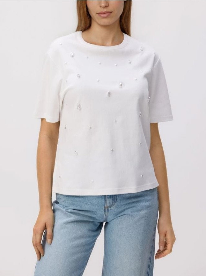 T-shirt z imitacją pereł - biały